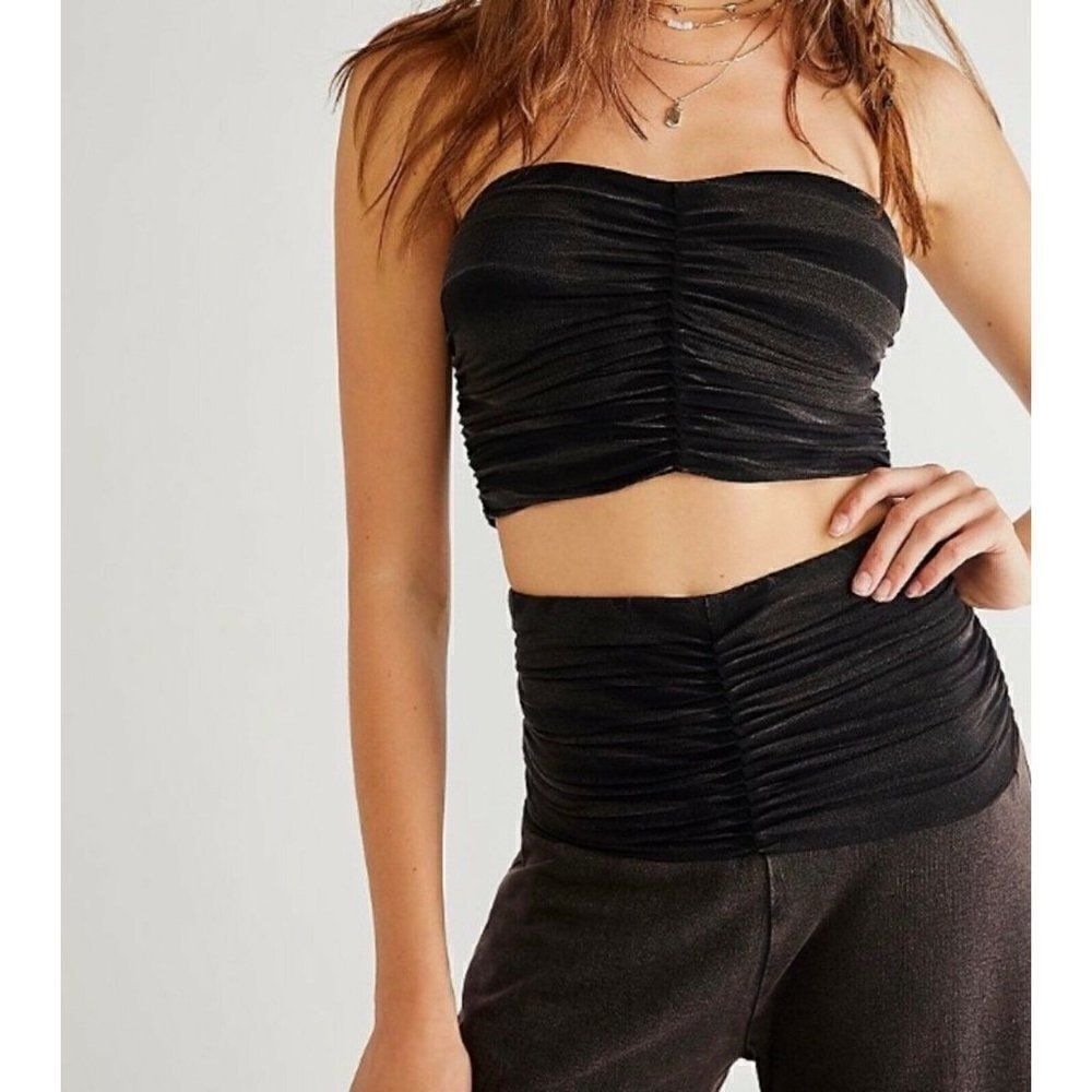 NEW FREE PEOPLE Sz S JAYLA RUCHED WIDE LEG PANTS SET IN WASHED BLACK - Picture 2 of 3